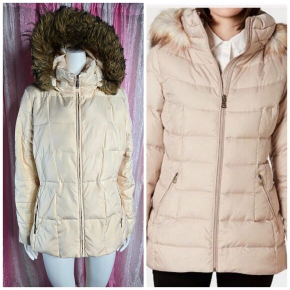 Calvin Klein Cream Puffer Faux Fur-Lined Hood Jacket Size Large - Picture 1 of 16